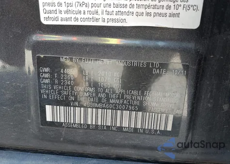 2012 Subaru Legacy 2.5I z USA, uszkodzony, nr VIN 4S3BMBA60C3007965